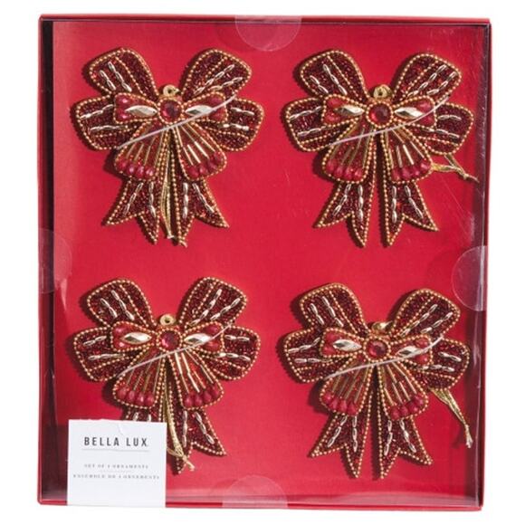 Sugarplum Dreams Beaded Bow Ornaments Set of 4 Holiday Red & Gold Glam New - Picture 2 of 13